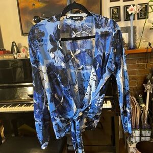 Desigual Blue and Black Artistic Button Down Shirt